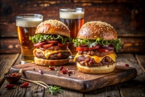 Healthy Burgers with Cheese Fresh Vegetables and Chilled Beer