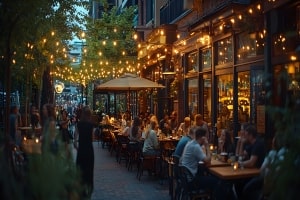 People Sitting at Tables in A Busy Boston Patio