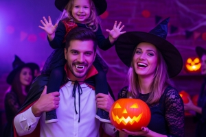Happy Family in Halloween Costumes Celebrating Event in Boston