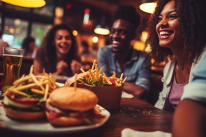 Friends Enjoying Gourmet Burgers and Fries Late Night