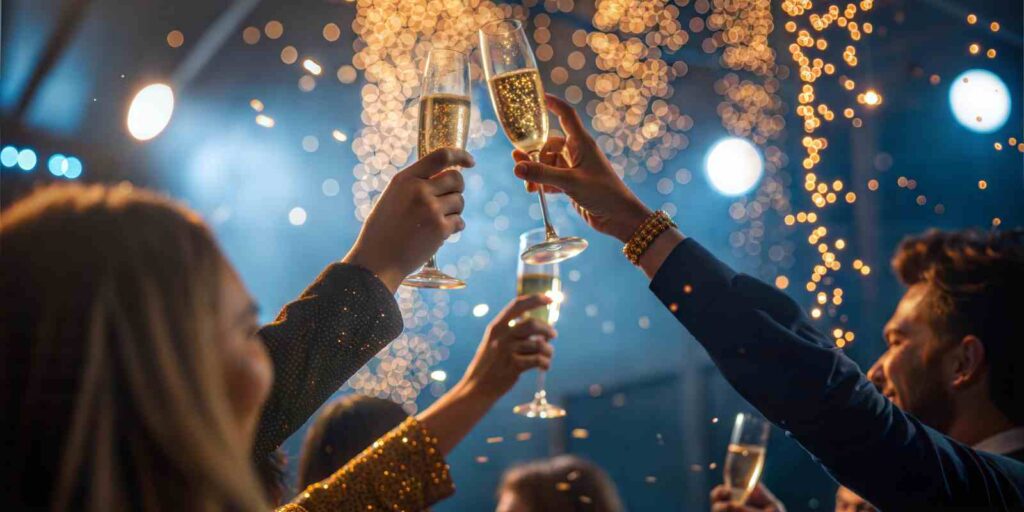 Champagne Toast New Year Celebration with Golden Glitter