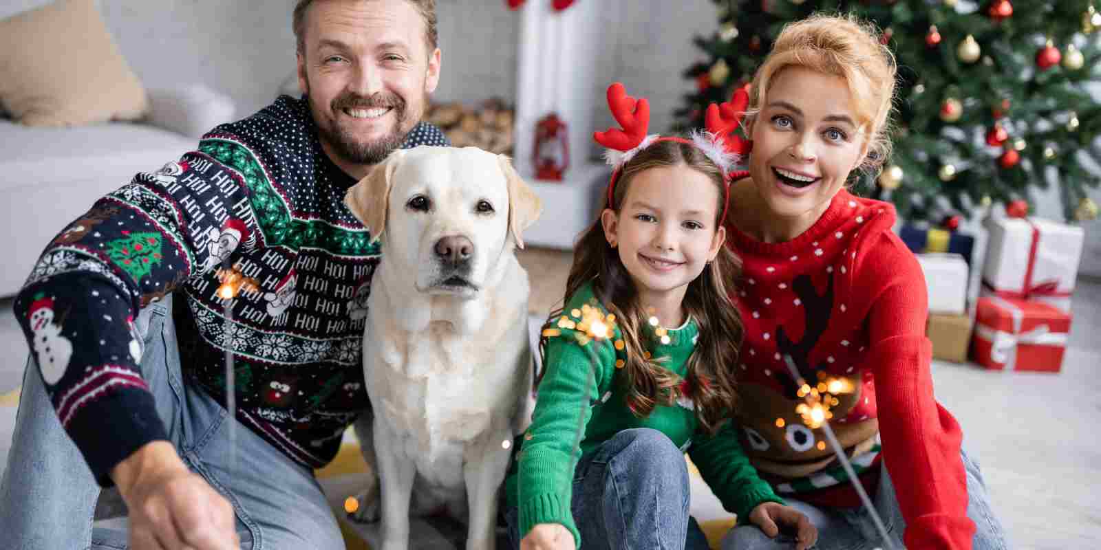 Happy Family with Pet Holding Sparklers Celebrating New Year