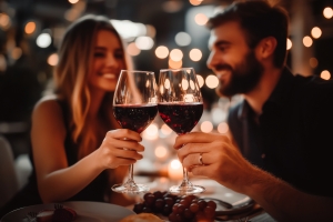 Couple in Love Clinking Wine Glasses on Dinner Date at Contessa