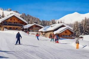 People Skiing Down A Snowcovered Slope in Mountains