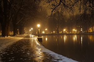 Snowy Park Path at Night Around Fresh Pond in Cambridge